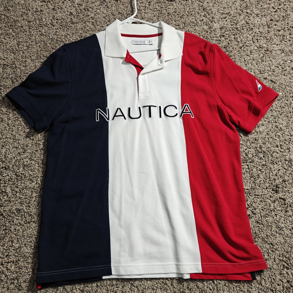 Nautica Polo Shirt in Navy Blue, White, and Red Men's Size XL